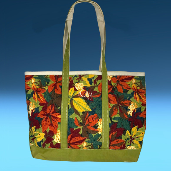 Vintage L.L. Bean Fall Foliage Boat and Tote Printed Canvas Tote Bag Made in USA - Picture 3 of 10